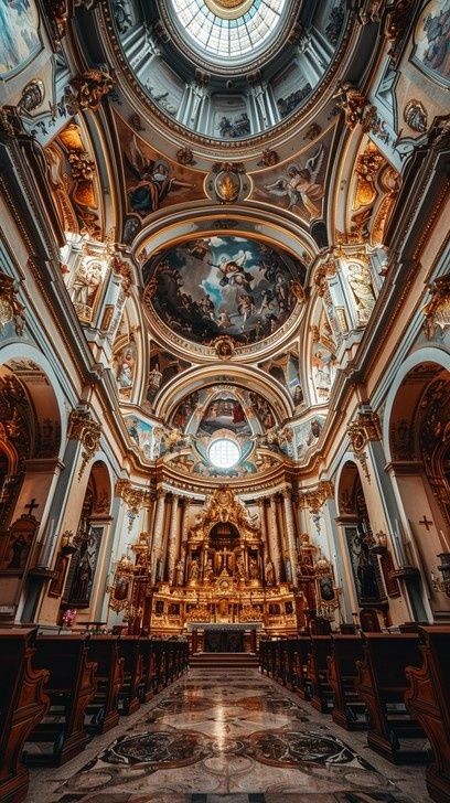 Ornate Baroque church interior with frescoed domes and gilded altar