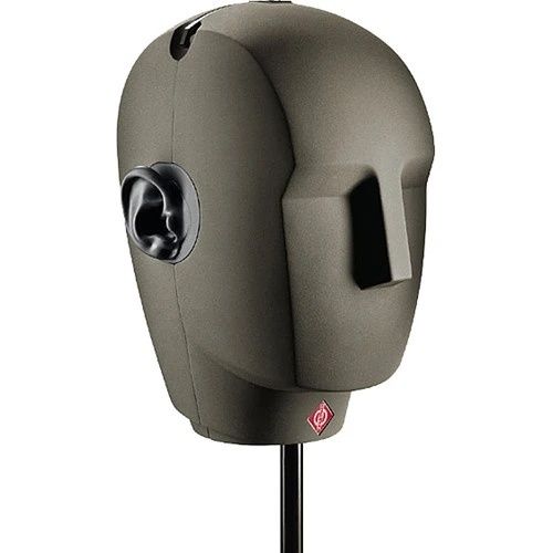 Binaural dummy head microphone with ear-mounted capsules on a stand